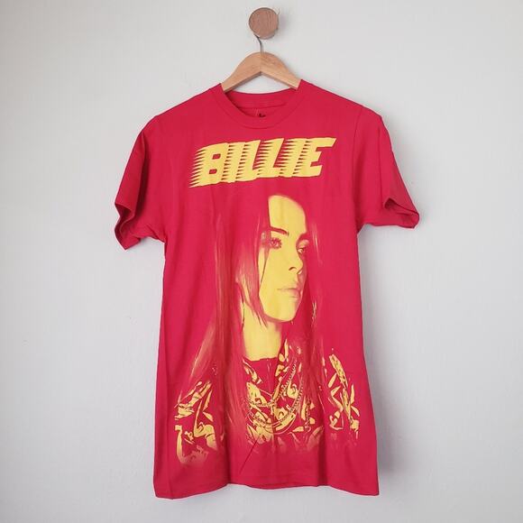 Urban Outfitters Billie Eilish Racer Logo Graphic Red Yellow Band T-Shirt Top - Picture 1 of 6
